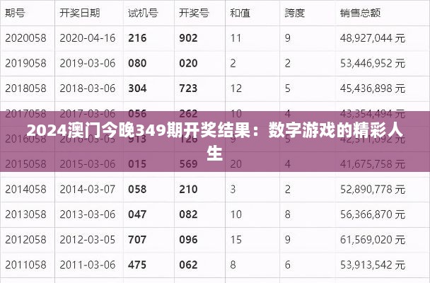 2024澳门今晚349期开奖结果：数字游戏的精彩人生