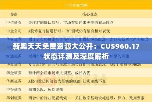 新奥天天免费资源大公开：CUS960.17状态评测及深度解析